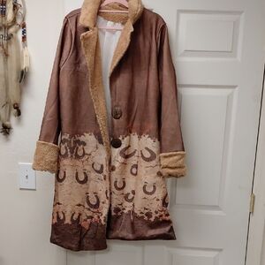 Brown Faux-Shearling Long Teddy Coat with Patterned Hem